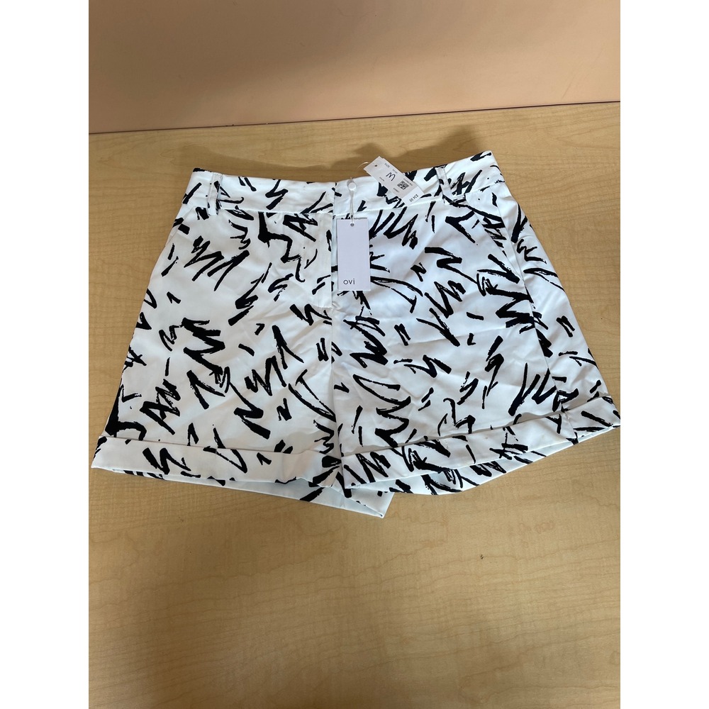 Ovi Womens Abstract Brushstroke Print Cuffed Shorts White Black P8135 Size M NWT